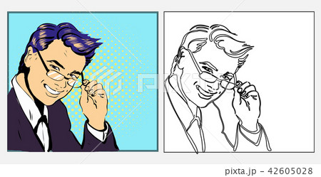 Businessman or teacher handsome in glasses smiling , pop art retro comic style hand drawn Businessman or teacher handsome in glasses smiling , pop art retro comic style hand drawn 42605028