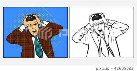businessman in panic screaming, pop art retro comic style hand drawn vector illustration, set of two 42605032