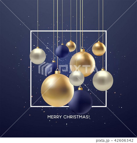 Christmas greeting card, design of xmas black, silvr, gold bauble with golden glitter confetti Christmas greeting card, design of xmas black, silvr, gold bauble with golden glitter confetti 42606342