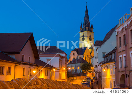 Sibiu streets and Cathedral in twilight 42614069