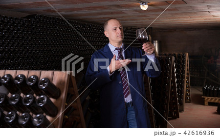 Sommelier tasting red wines in winery basement Sommelier tasting red wines in winery basement 42616936