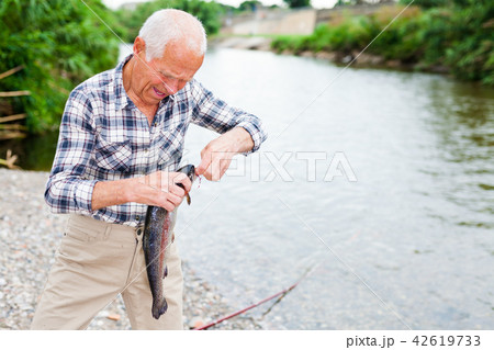 Adult fisherman removing catch from hook Adult fisherman removing catch from hook 42619733