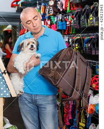 Portrait of young man with small dog standing in pet store 42621943