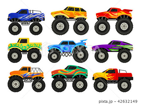 Set of monster trucks. Heavy cars with large tires and black tinted windows. Flat vector for Set of monster trucks. Heavy cars with large tires and black tinted windows. Flat vector for 42632149