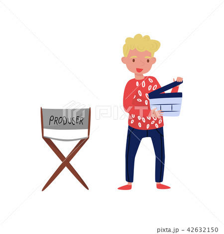 Young smiling man with clapperboard. Guy standing near producer s chair. Filmmaking theme. Flat Young smiling man with clapperboard. Guy standing near producer s chair. Filmmaking theme. Flat 42632150