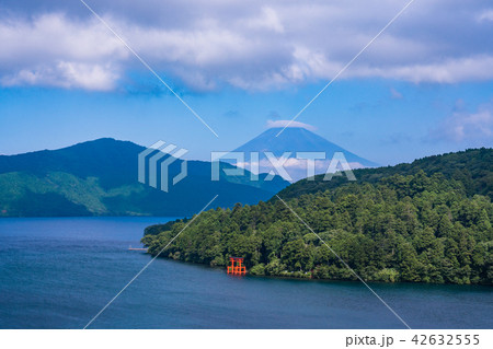 （神奈川県）芦ノ湖　湖畔から眺める夏富士 42632555