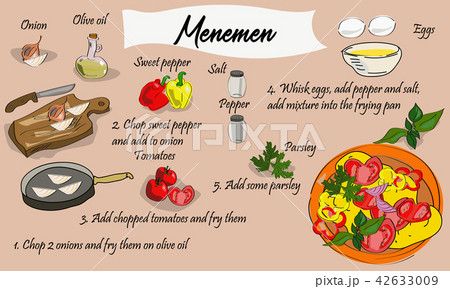 Step by step recipe of menemen. Turkish cuisine. Step by step recipe of menemen. Turkish cuisine. 42633009