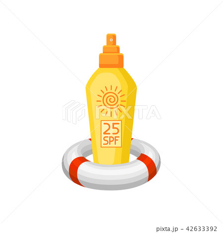 Yellow plastic bottle of sunscreen and inflatable beach ring. Cosmetic product for skin protection 42633392