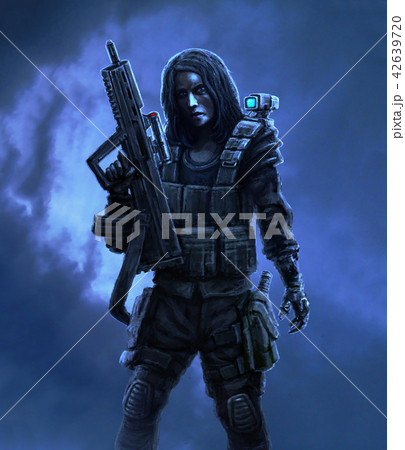 Female character in military uniform with weapon. 42639720