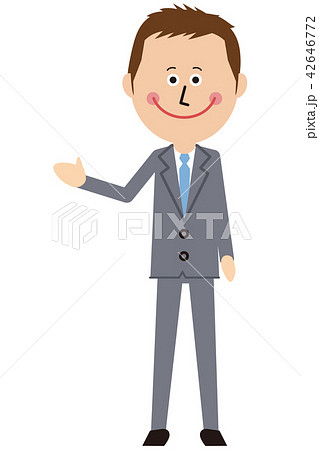ポップなグレーのスーツの短髪ビジネスマンがご案内 42646772