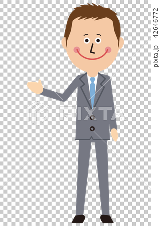 ポップなグレーのスーツの短髪ビジネスマンがご案内 42646772
