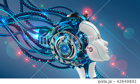 Cybernetic head of robot woman close-up with artificial intelligence connected from cable. Face 42649892