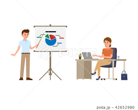 Young man making presentation in front of woman Young man making presentation in front of woman 42652980