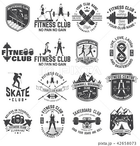 Set of fitness and skate board club concept with girls doing exercise and skateboarder silhouette 42658073