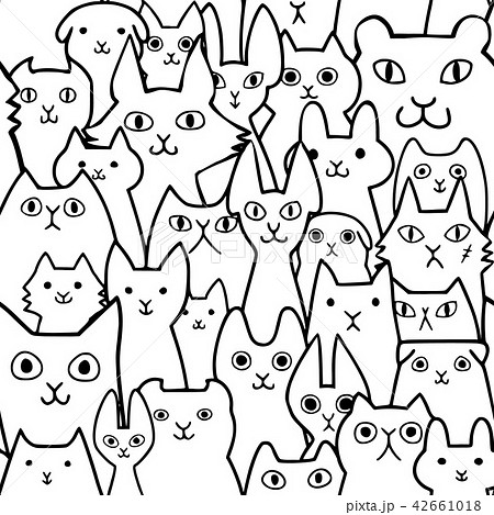 かわいい猫の顔の背景 シームレス 線画のイラスト素材