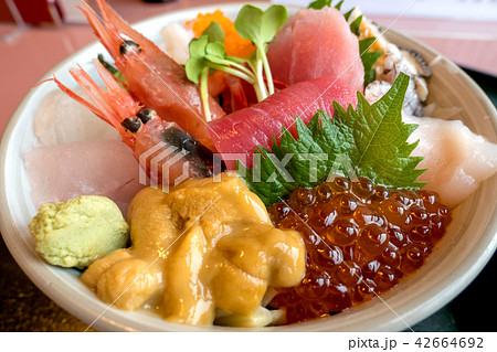 海鮮丼アップ【青森のっけ丼】うに、いくら、イカ、エビ、ホタテ、ほや、マグロ、ヒラメ、シャコ 海鮮丼アップ【青森のっけ丼】うに、いくら、イカ、エビ、ホタテ、ほや、マグロ、ヒラメ、シャコ 42664692