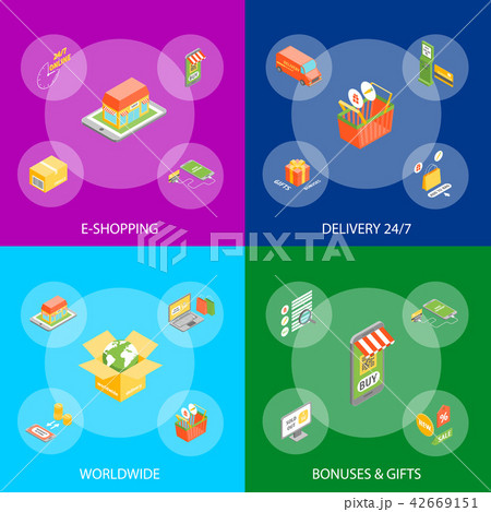Online Shopping Banner Set Isometric View. Vector 42669151