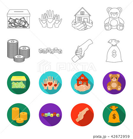 A pile of coins for donations, colored cubes with an inscription, a handshake, a bag of money for A pile of coins for donations, colored cubes with an inscription, a handshake, a bag of money for 42672959