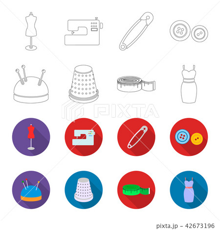 Pincushion with pins, thimble, centimeter, dress.Atelier set collection icons in outline,flet style 42673196
