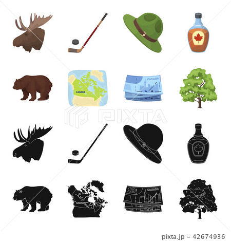 Canadian dollar, territory map and other symbols of the country.Canada set collection icons in black 42674936