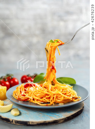 Delicious spaghetti on fork 42676239