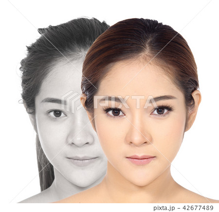 Asian Woman before and after make up hair style. 42677489