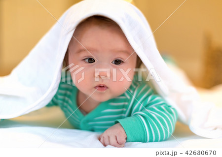 Baby boy playing with a blanket Baby boy playing with a blanket 42680670