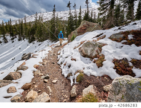 Tourist with backpack hiking on snowy trail Tourist with backpack hiking on snowy trail 42686283