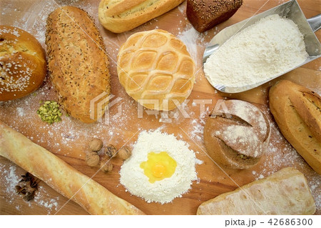 Many mixed breads on the table, shot from above 42686300