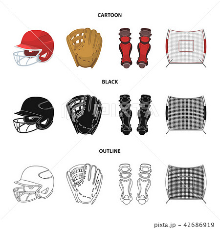 Helmet protective, knee pads and other accessories. Baseball set collection icons in cartoon,black Helmet protective, knee pads and other accessories. Baseball set collection icons in cartoon,black 42686919