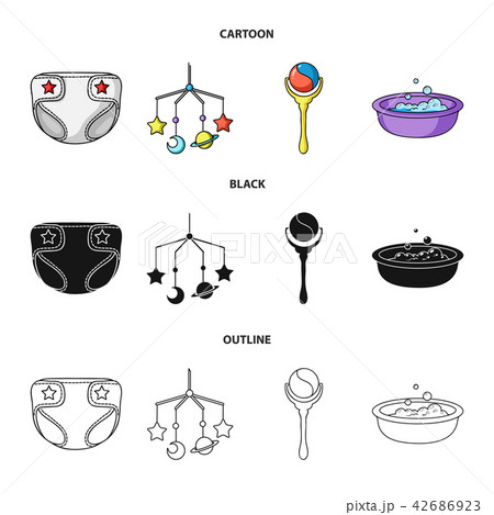 Children diapers, a toy over the crib, a rattle, a children bath. Baby born set collection icons in 42686923