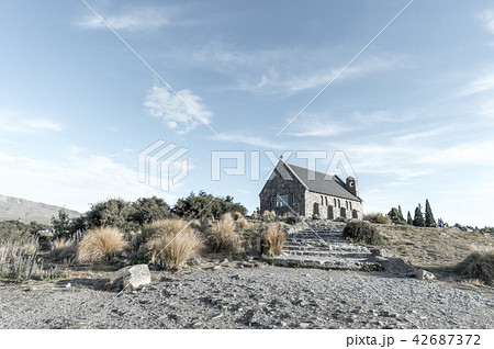 テカポ湖の善き羊飼いの教会の写真素材