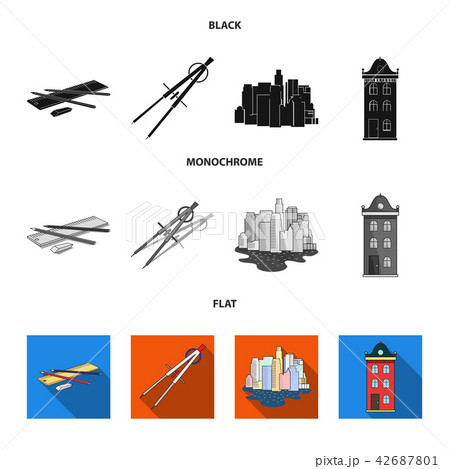 Drawing accessories, metropolis, house model. Architecture set collection icons in black, flat 42687801