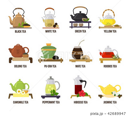 Tea vector green or black-tea in teapot illustration drinking set of jasmine and rooibos fruity 42689947