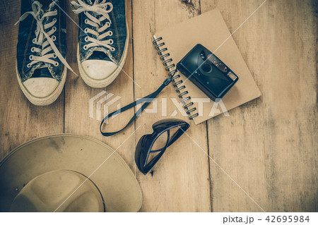 still life old travel set on wood ,vintage tone 42695984