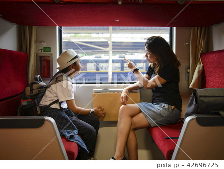 Mother and son looking through a train window as t 42696725