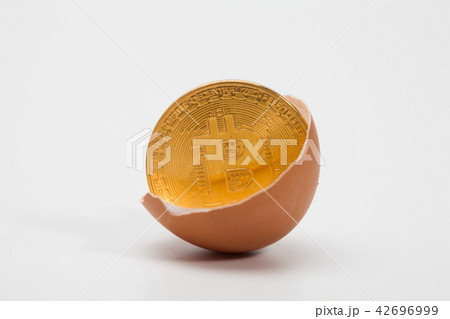 Broken egg shell with gold bitcoins cryptocurrency 42696999
