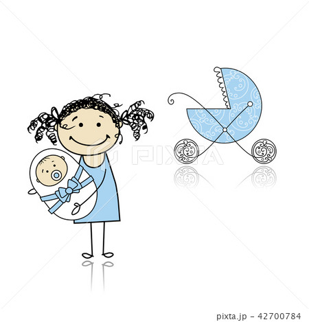 Mother Walking With Buggy Newborn Babyのイラスト素材