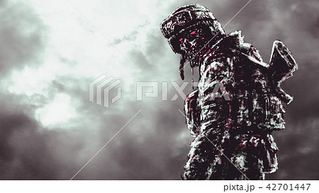 Sinister zombie soldier turned and looks. 42701447