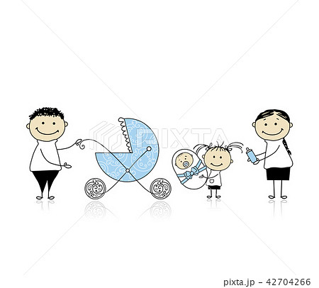Parents Walking With Children Baby In Buggyのイラスト素材