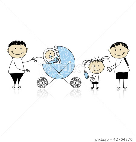 Parents Walking With Children Baby In Buggyのイラスト素材