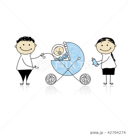 Parents With Baby In Buggy Walkingのイラスト素材