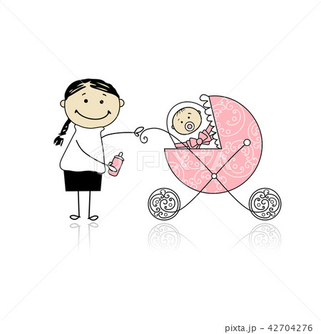 Mother With Baby In Buggy Walkingのイラスト素材