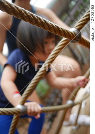 Asian Chinese Child attempting rope obstacle cours 42708062