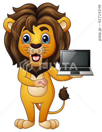 Funny Lion Cartoon Presenting A Laptopのイラスト素材
