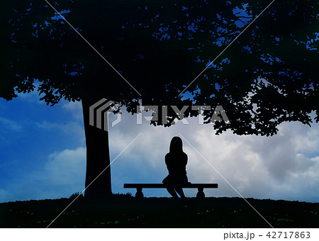 木陰のベンチに寂しげな少女のイラスト素材
