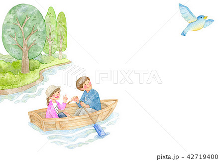 手漕ぎボートの男女と青い鳥のイラスト素材