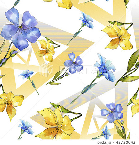 Watercolor blue and yellow flax flowers. Floral botanical flower. Seamless background pattern. 42720042