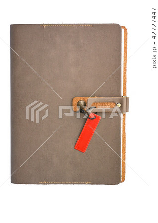 Blank leather notebook cover with tag on white background 42727447