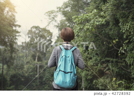 traveler woman standing with backpack and enjoy traveler woman standing with backpack and enjoy 42728392